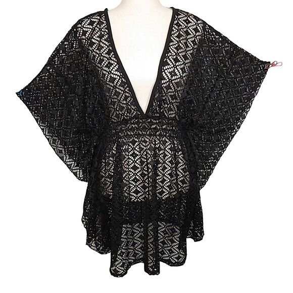 Miken Swim Black Crochet Batwing Sleeve Swim Cover Up Size XL - Picture 1 of 11
